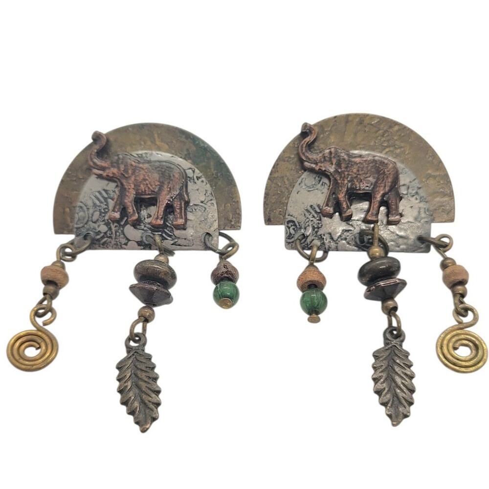 Vintage Elephant Dangle Earrings Mixed Metal Copper Brass Silver Tone Boho Style